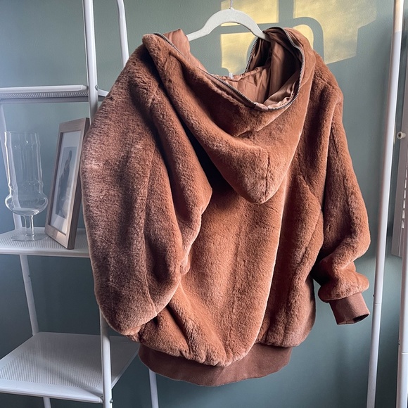 Free People Turn Up Zip Off Hoodie Brown Faux Fur Teddy Jacket - Picture 10 of 13